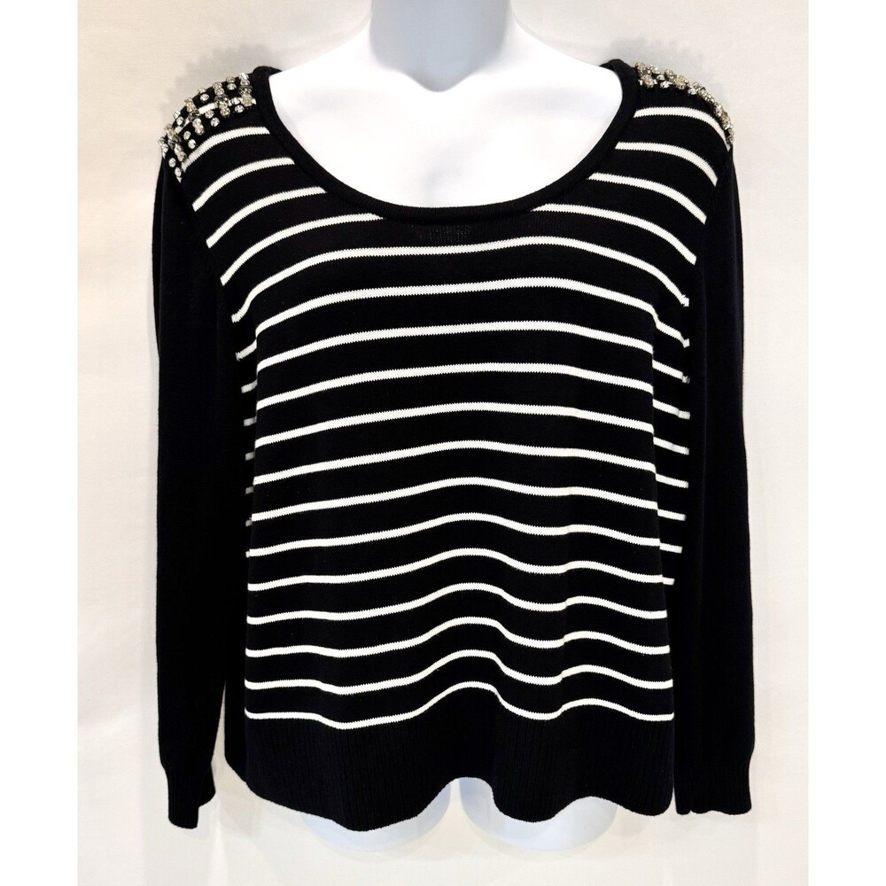 Lane Bryant Womens 22/24 3X Black White Striped Sweater Embellished Rhinestone
